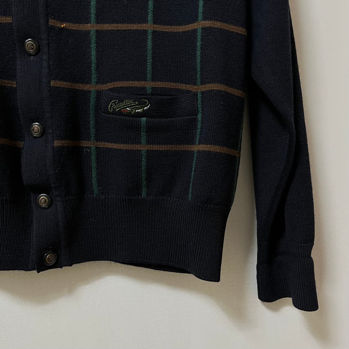 크로커다일 자수로고 윈도우페인 체크 브이넥 가디건 M/95 상품이미지6