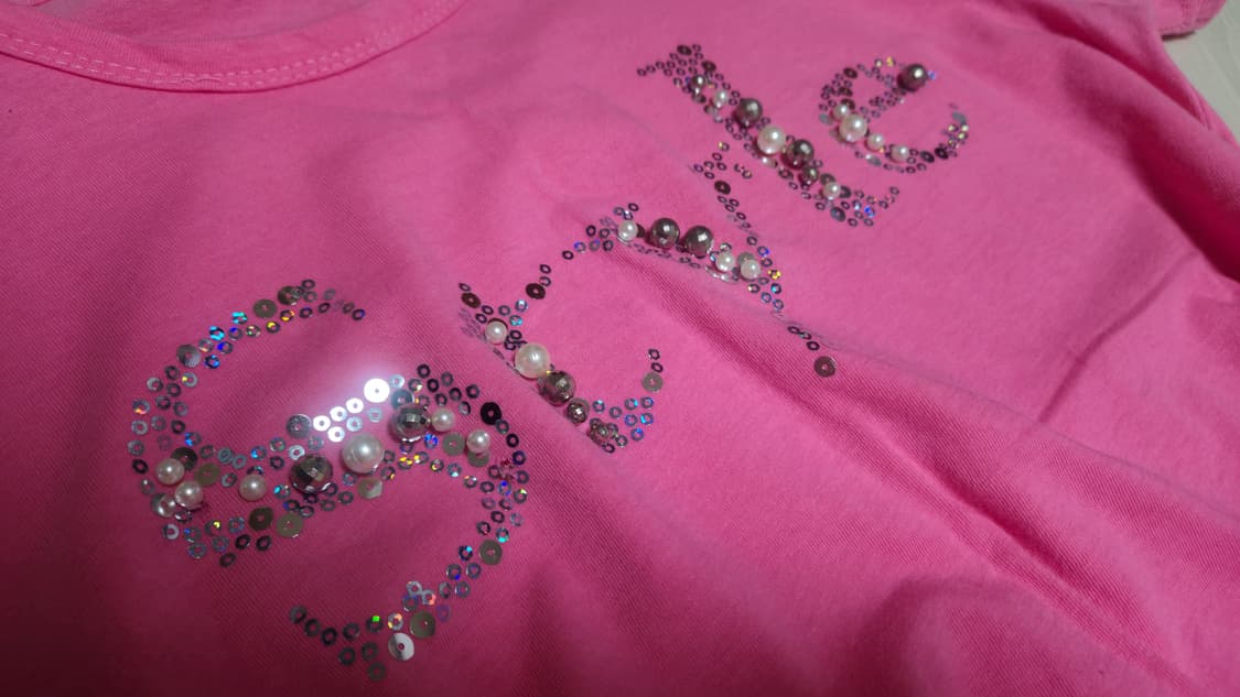 Banila b 핫핑크 진주 갸루 티셔츠 상품이미지2