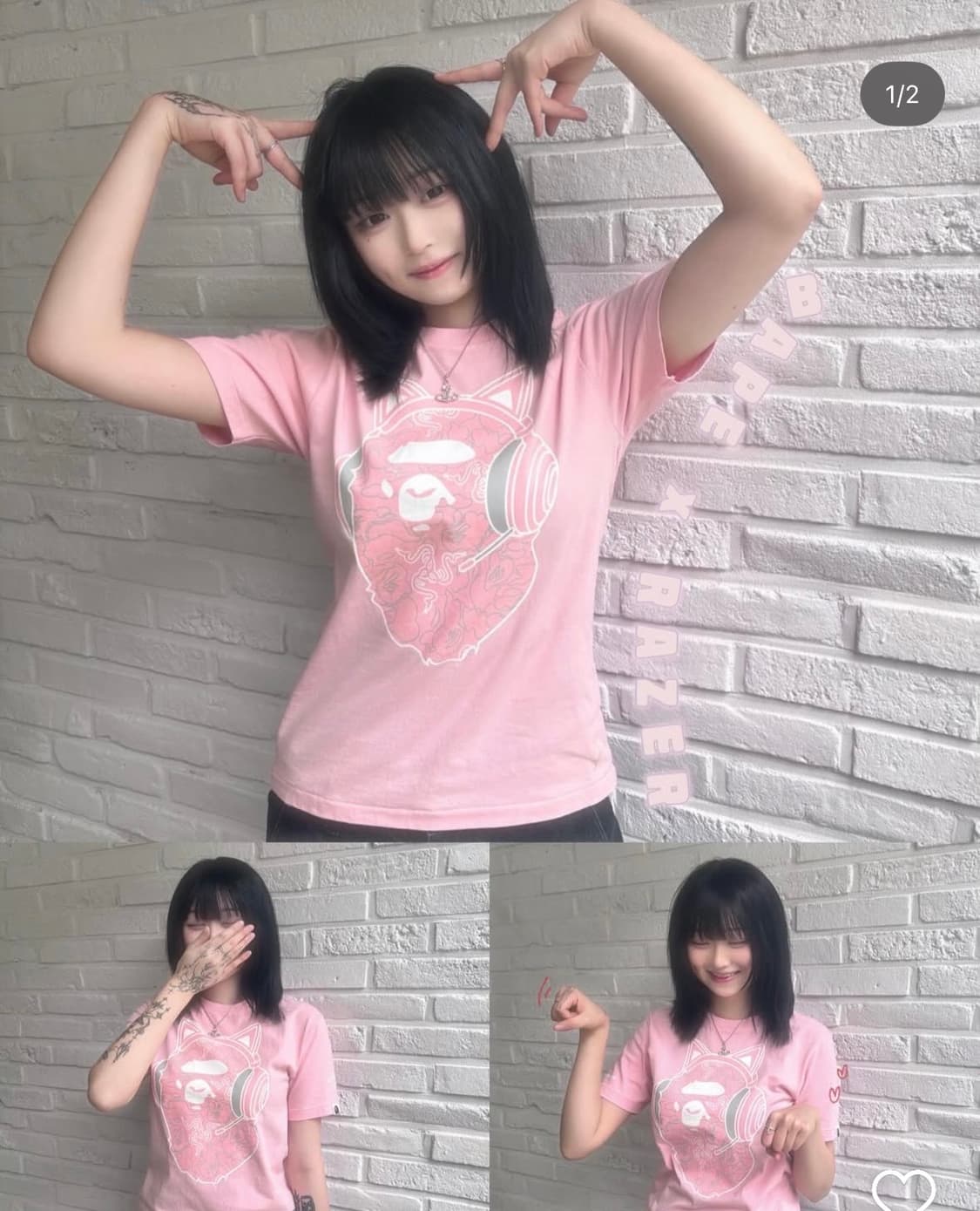 BAPE 베이프 핑크 레이저 네온 티셔츠 콜라보 반팔티 고양이 헤드셋 상품이미지1