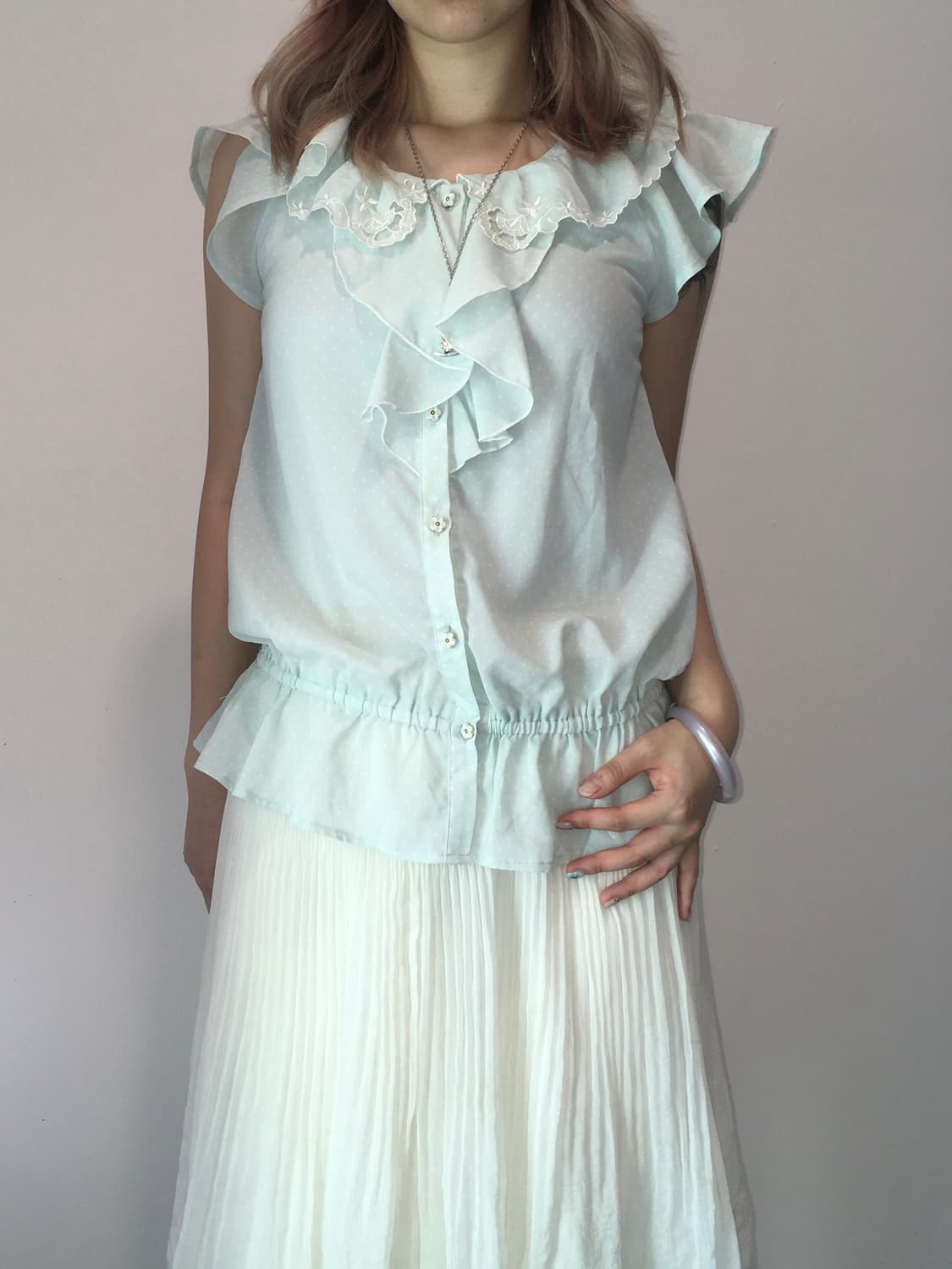 jpn vintage palemint dot ruffle blouse 상품이미지3