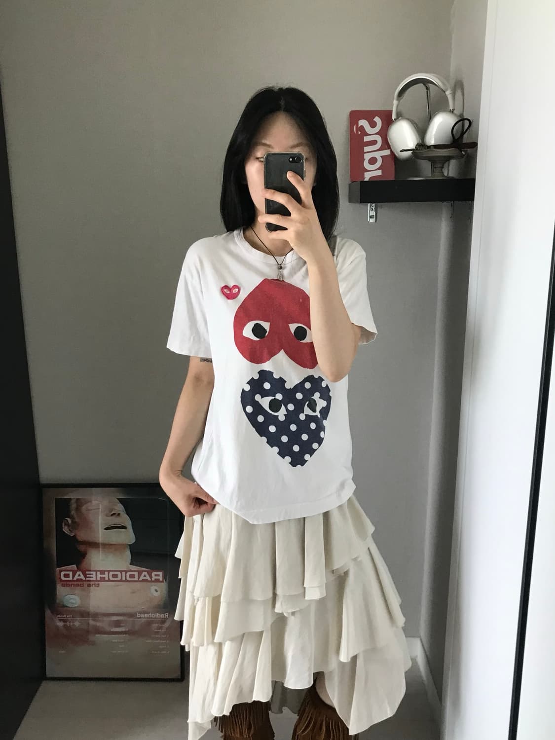 (W) 플레이 꼼데가르송 폴카 닷 업사이드 다운하트 반팔티 아이보리 상품이미지2
