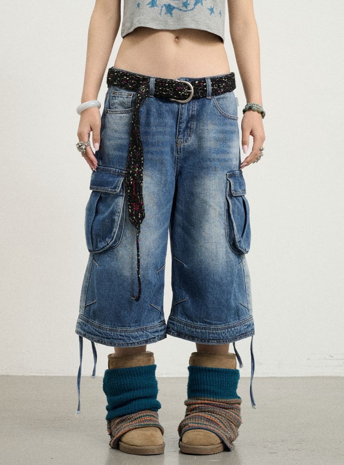 String Hem Washed Denim Shorts 상품이미지2