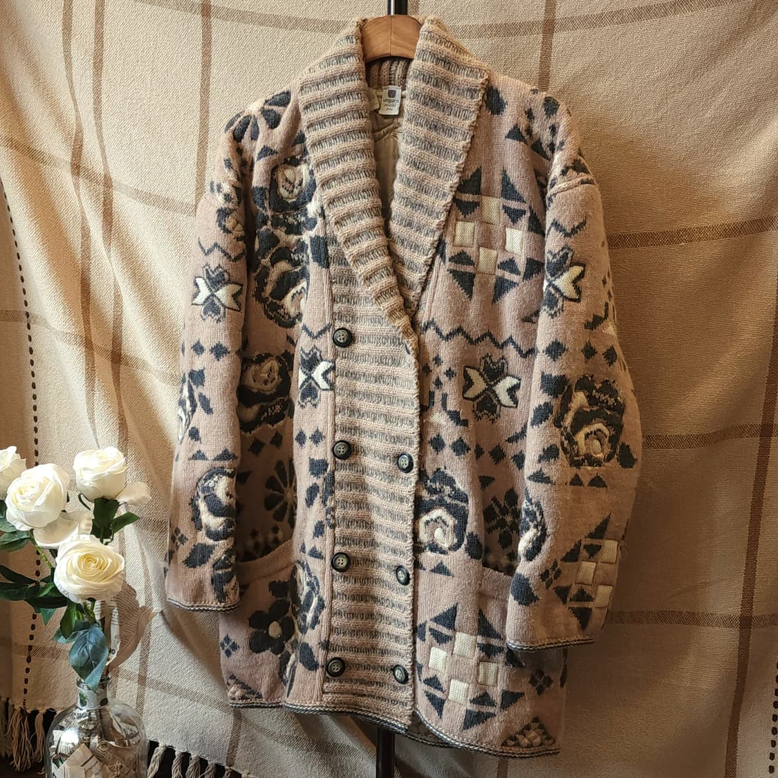 90s 웅가로 인디핑크 로즈 패턴 오버사이즈 숄카라 니트 자켓 L 상품이미지2