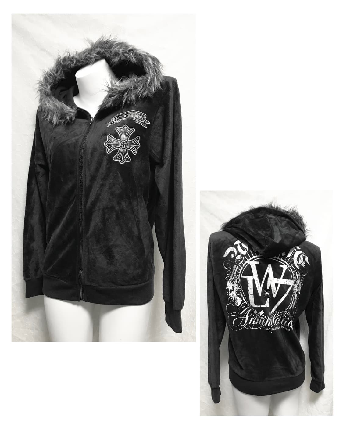 빈티지 펑크 크롬깔 벨벳 퍼 후드 집업 상품이미지1