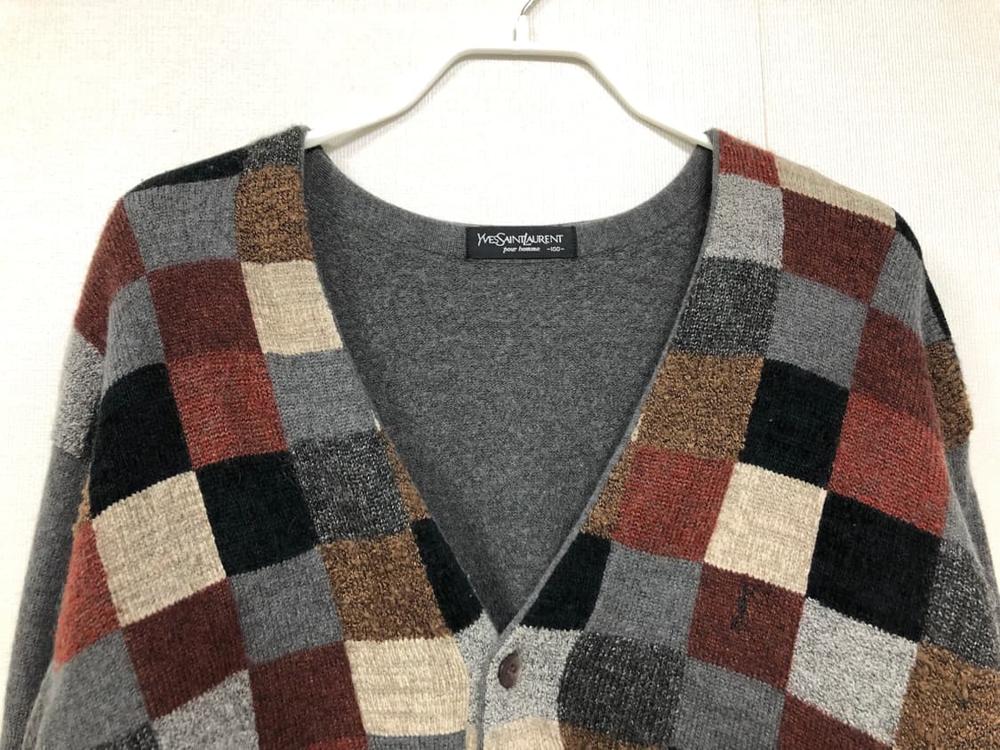 YSL 입생로랑 여성 체커블록 울 브이넥 가디건 _ 차콜 상품이미지2