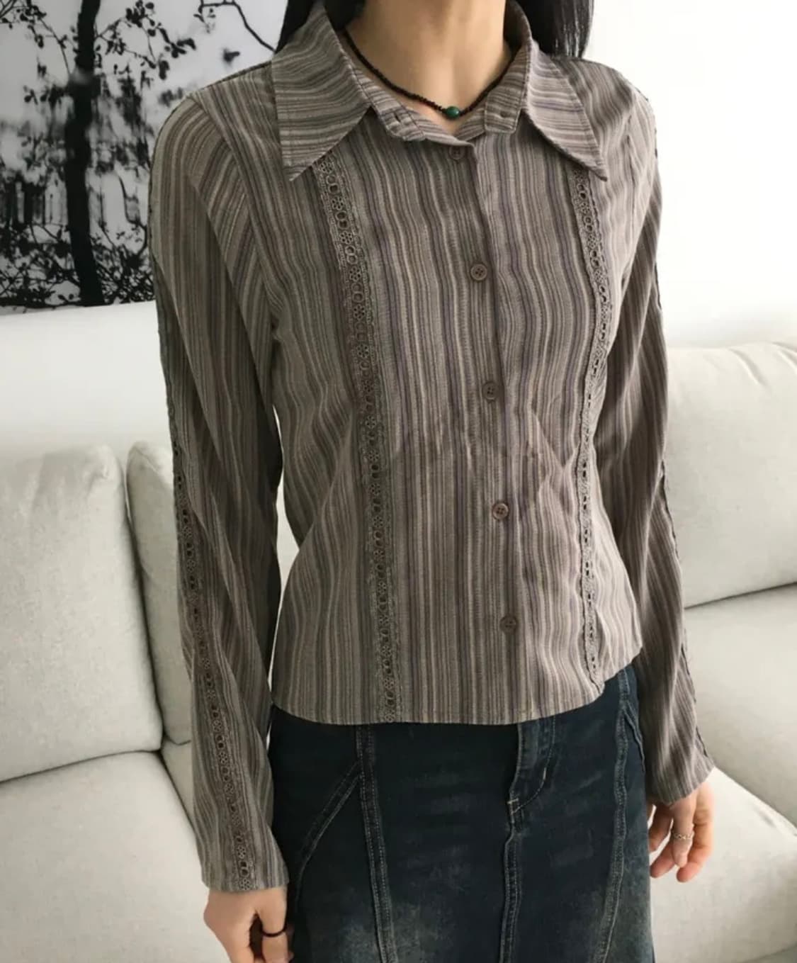 원더원더 도우 빈티지 스트라이프 레이스 슬림 셔츠 상품이미지2