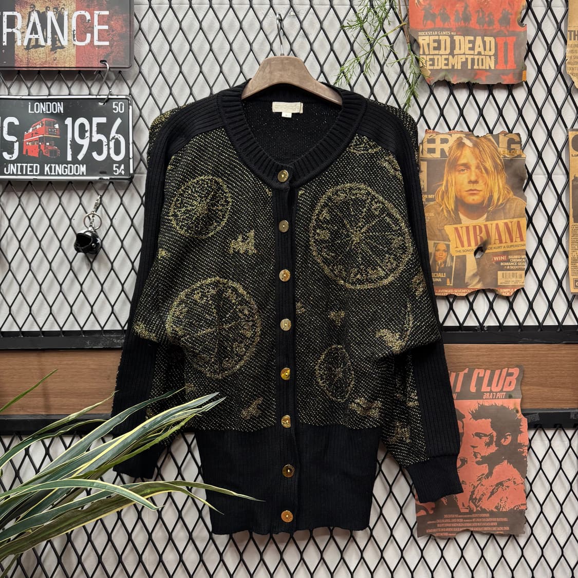 90s JPN VINTAGE 자카드 니트 가디건 금장 버튼 포인트 블랙 상품이미지1
