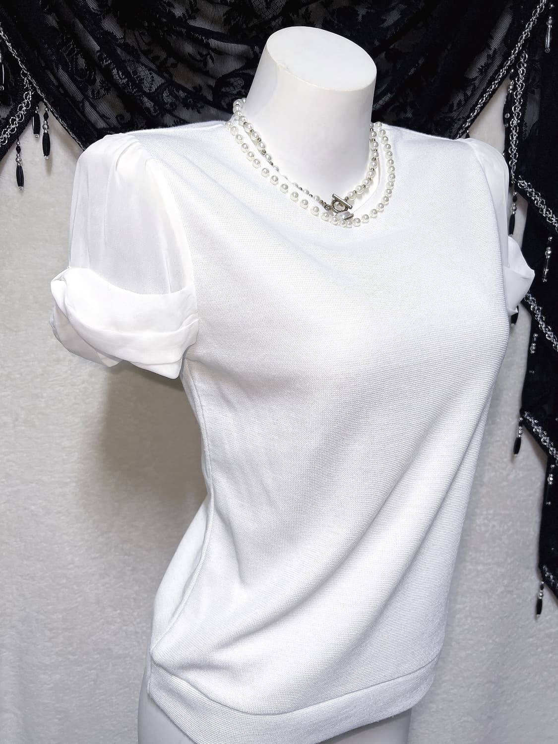 로맨틱갸루 히메 페미닌 진주 화이트 퍼프리본 반팔 로걀탑 핀터 러블리 상품이미지2