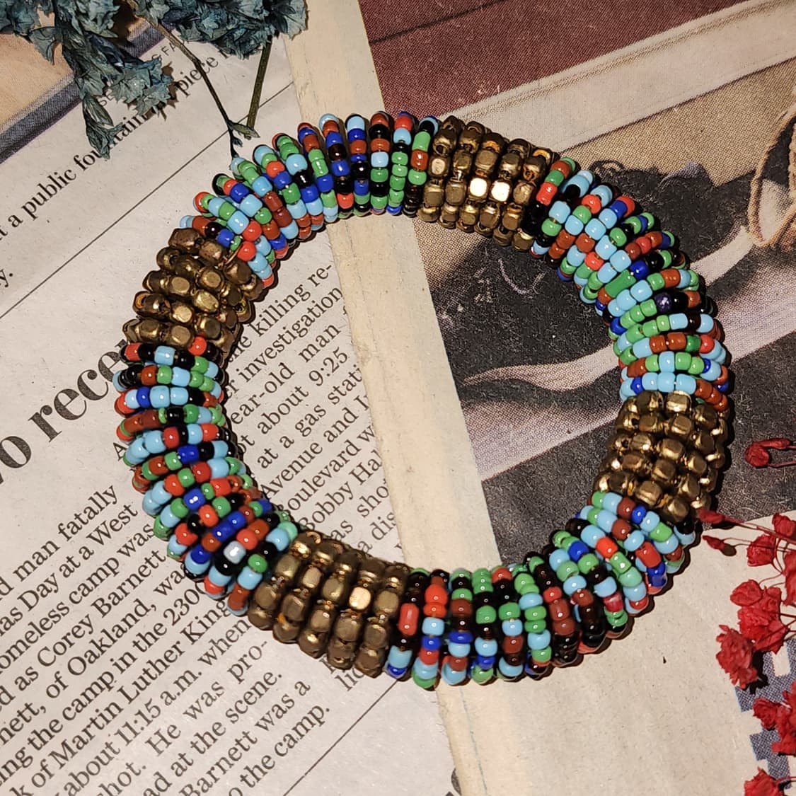 90s 프랑스 빈티지 팔찌 멀티 컬러 비즈 보헤미안 스타일 와이어 팔찌 상품이미지2