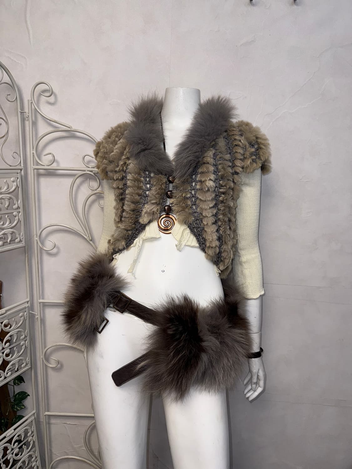 Ash brown rabbit&fox fur half knit 가디건 상품이미지1