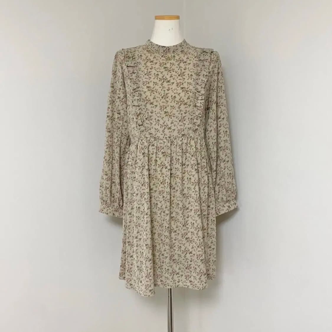 일본 빈티지 잔꽃 꽃무늬 플라워 패턴 프릴 미디 롱 긴팔 쉬폰 원피스 상품이미지2