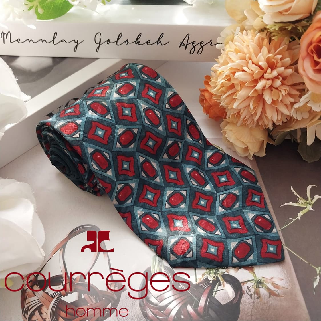 꾸레쥬 실크 그린 기하 패턴 넥타이 9.1cm A+등급 K1928 상품이미지1