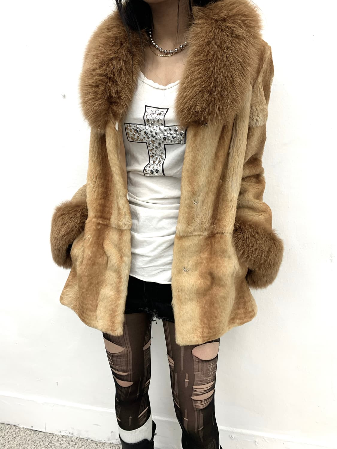 Rust camel rabbit fur jacket  상품이미지1
