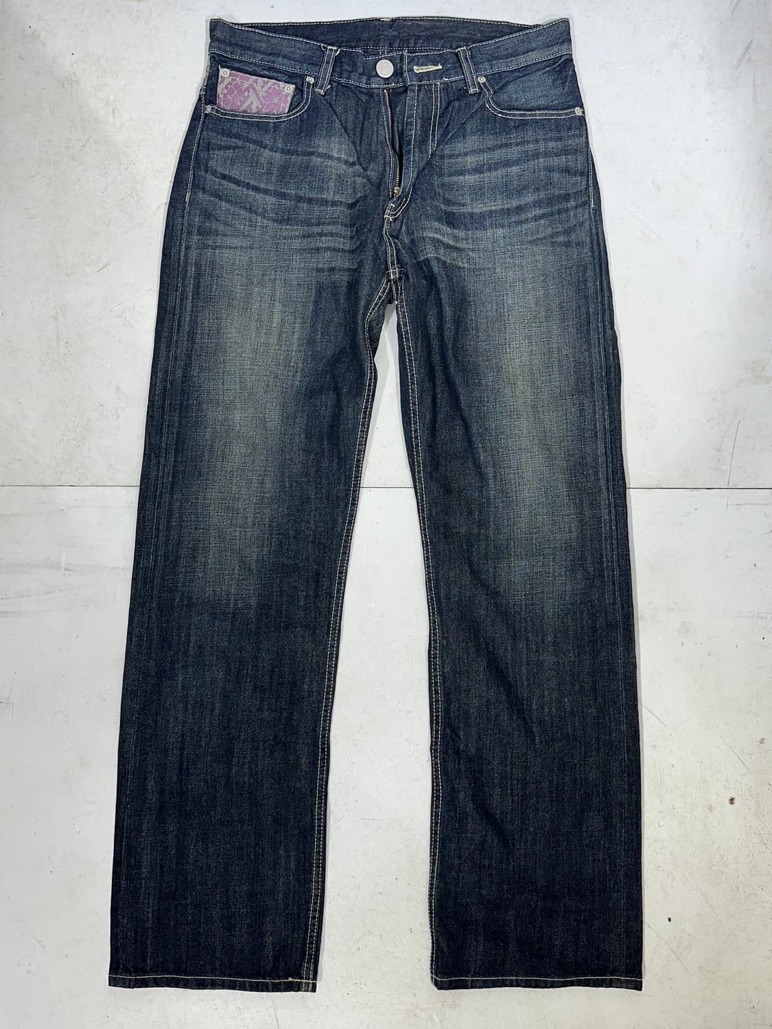 일본 빈티지 진청 와이드 패이즐리 패턴 청바지 워싱 데님 팬츠  상품이미지5