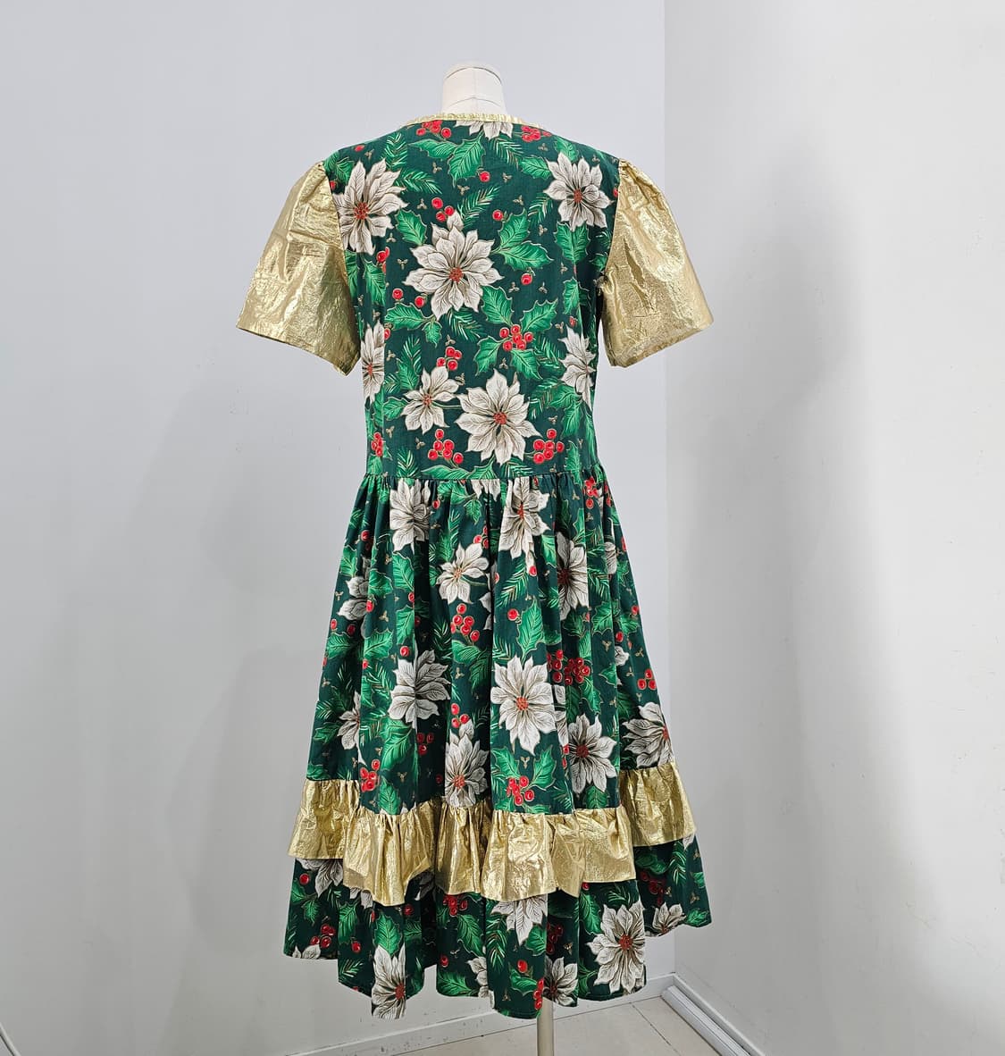 크리스마스 플라워 패턴 골드 러플 원피스 상품이미지2