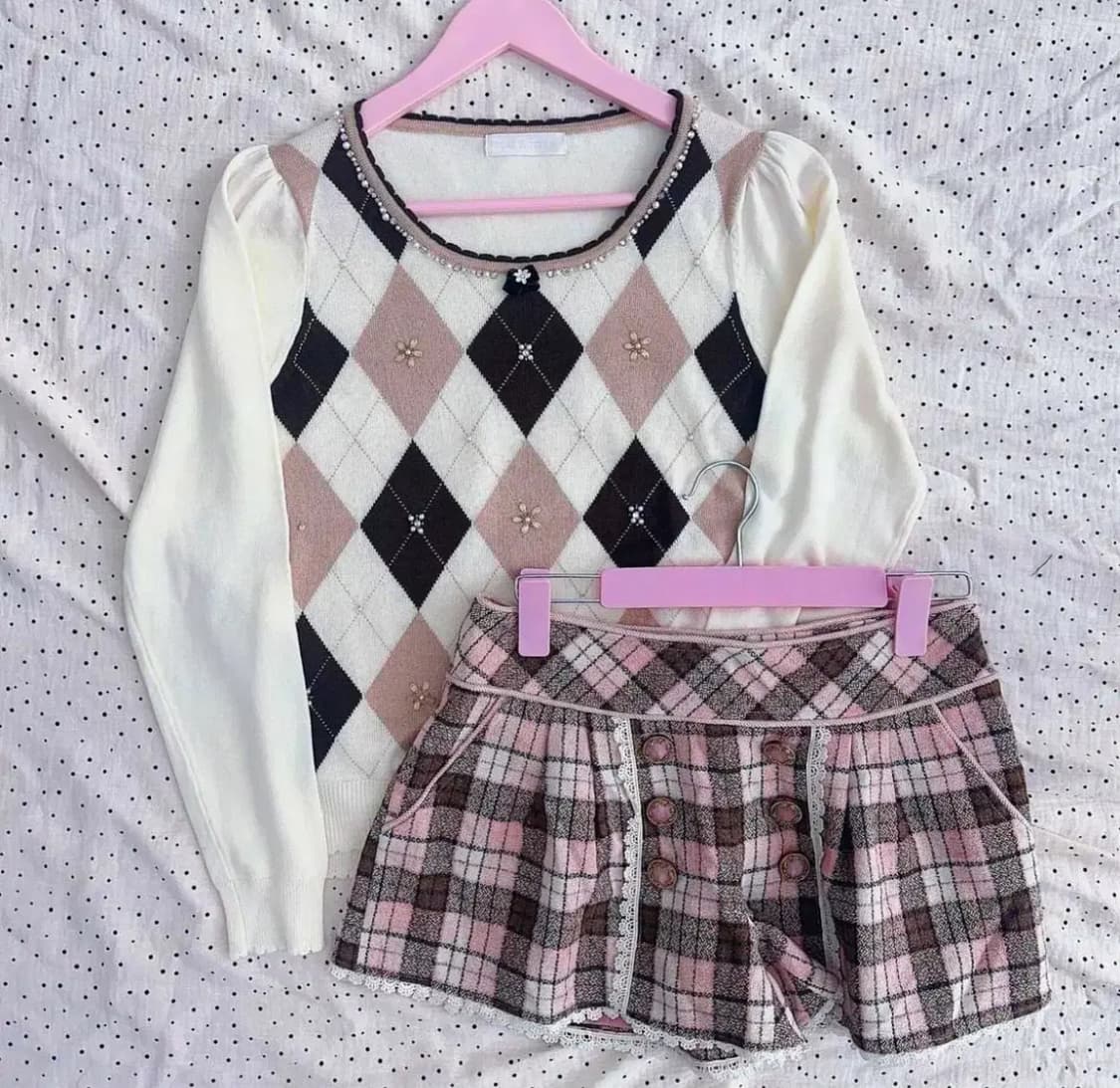 빈티지 딸기초코 라떼갸루 아가일 니트 리즈리사엑시즈팜히메갸루고전 상품이미지1