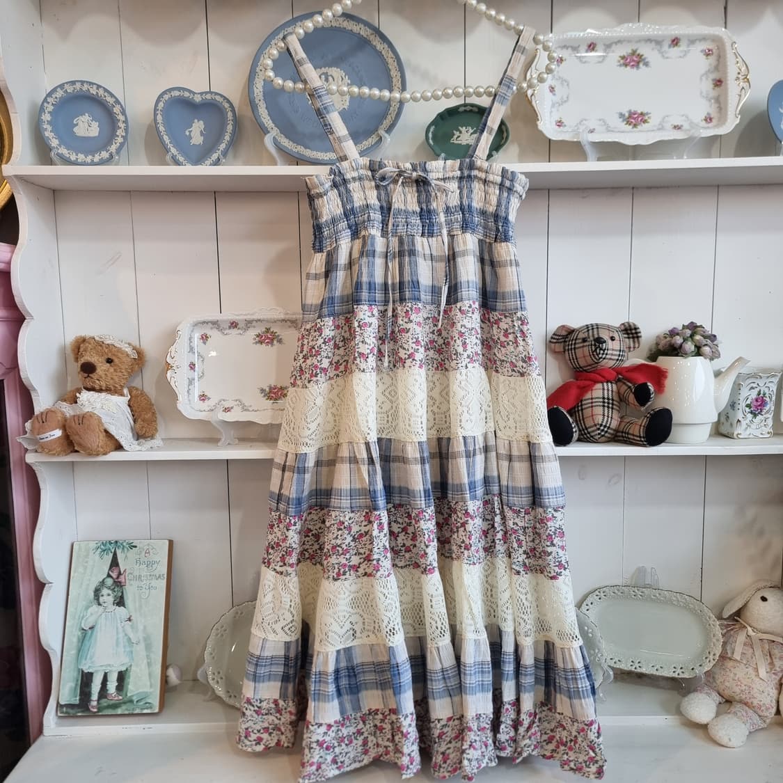 체크&플라워 레이어드 레이스 끈 원피스 상품이미지1