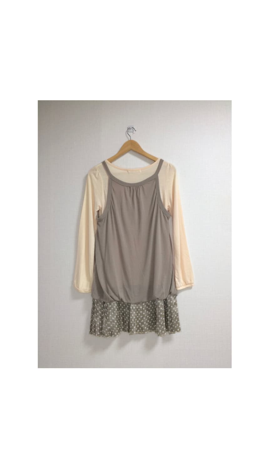 빈티지 핑크 베이지 레이어드 플리츠 도트 원피스 튜닉 상품이미지5