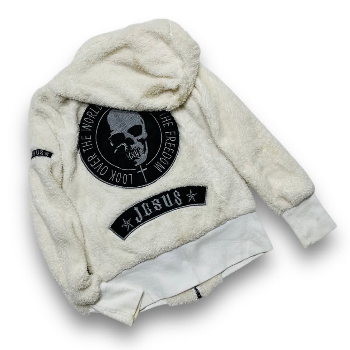 펑크 Bomany 스컬 자수 패치 빈티지 화이트 후디 집업 상품이미지1