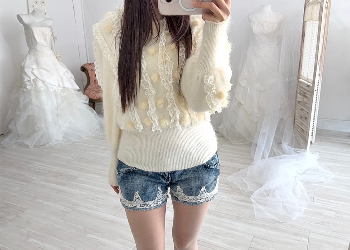 Ivory lace pom pom point angora knit 상품이미지5