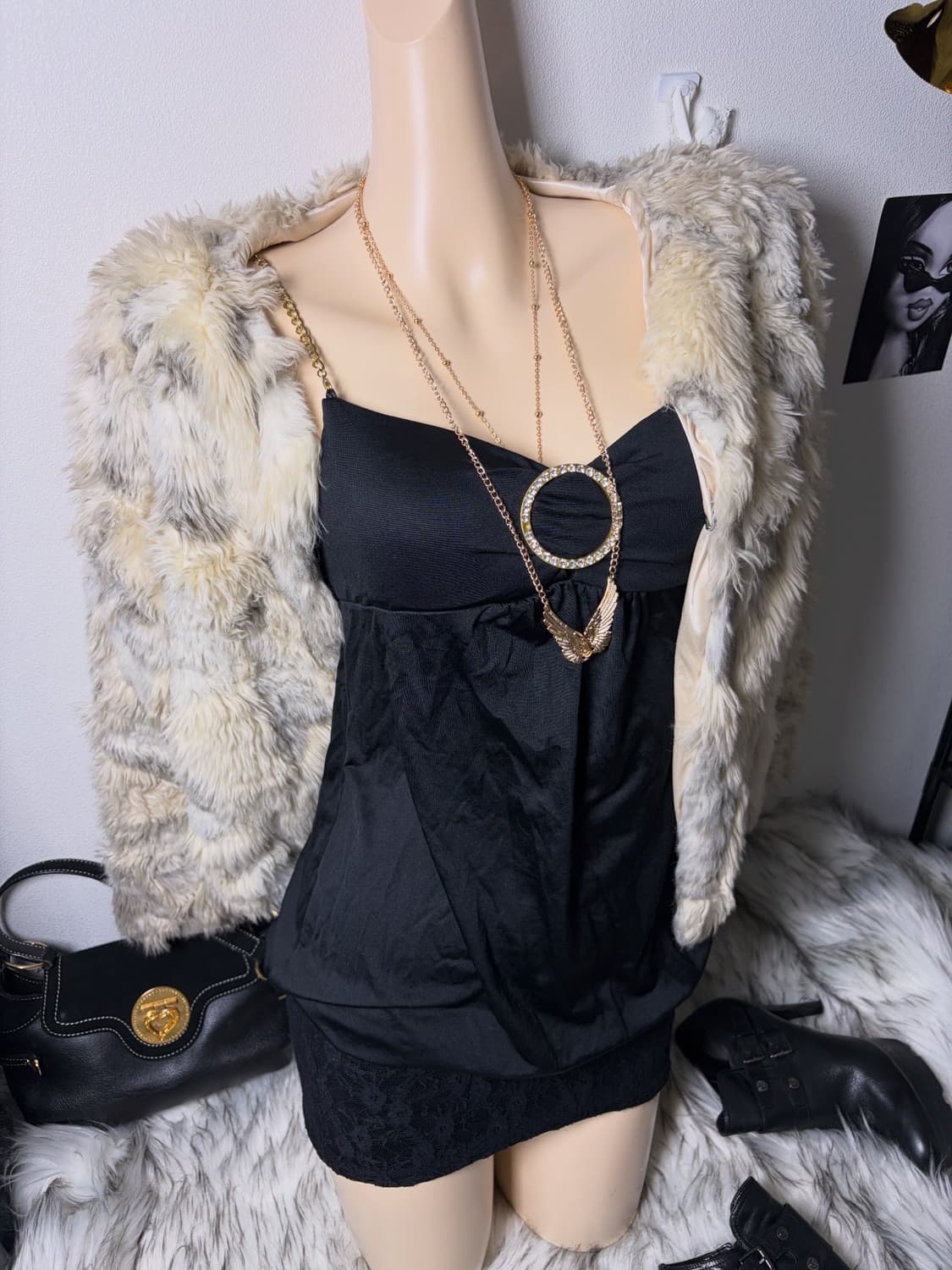 오네갸루 골드 큐빅링 원피스 퍼자켓 세트 상품이미지1