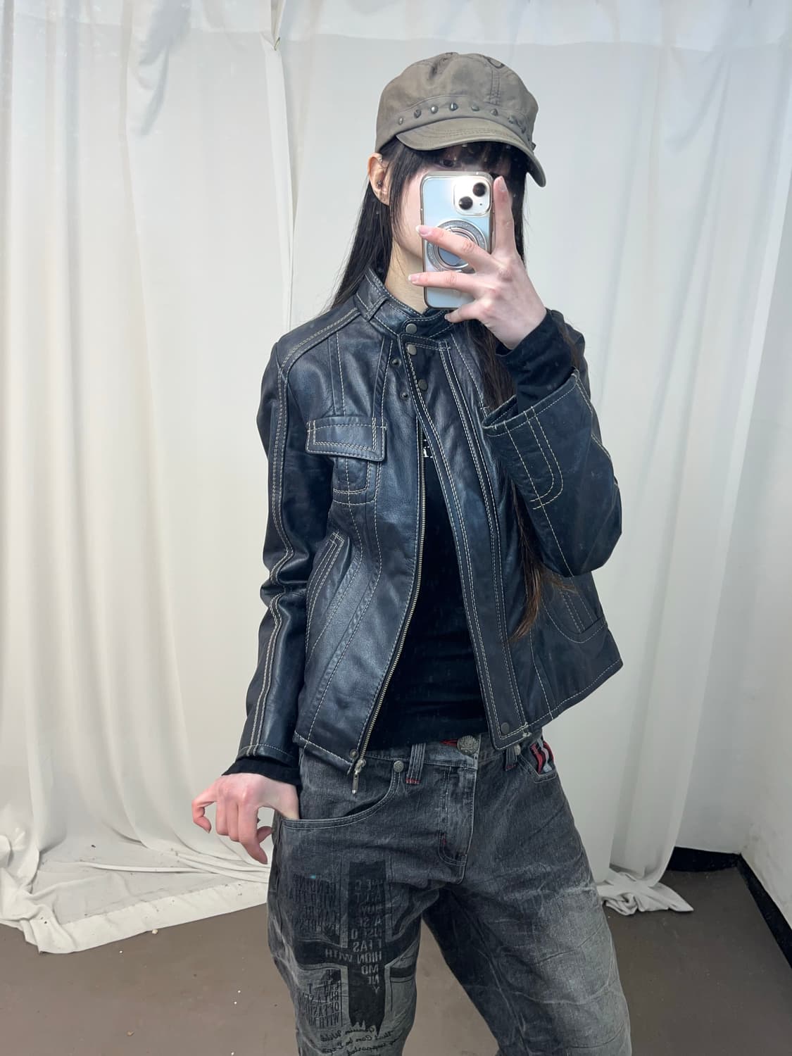 블랙 스티치 레더 자켓 상품이미지3