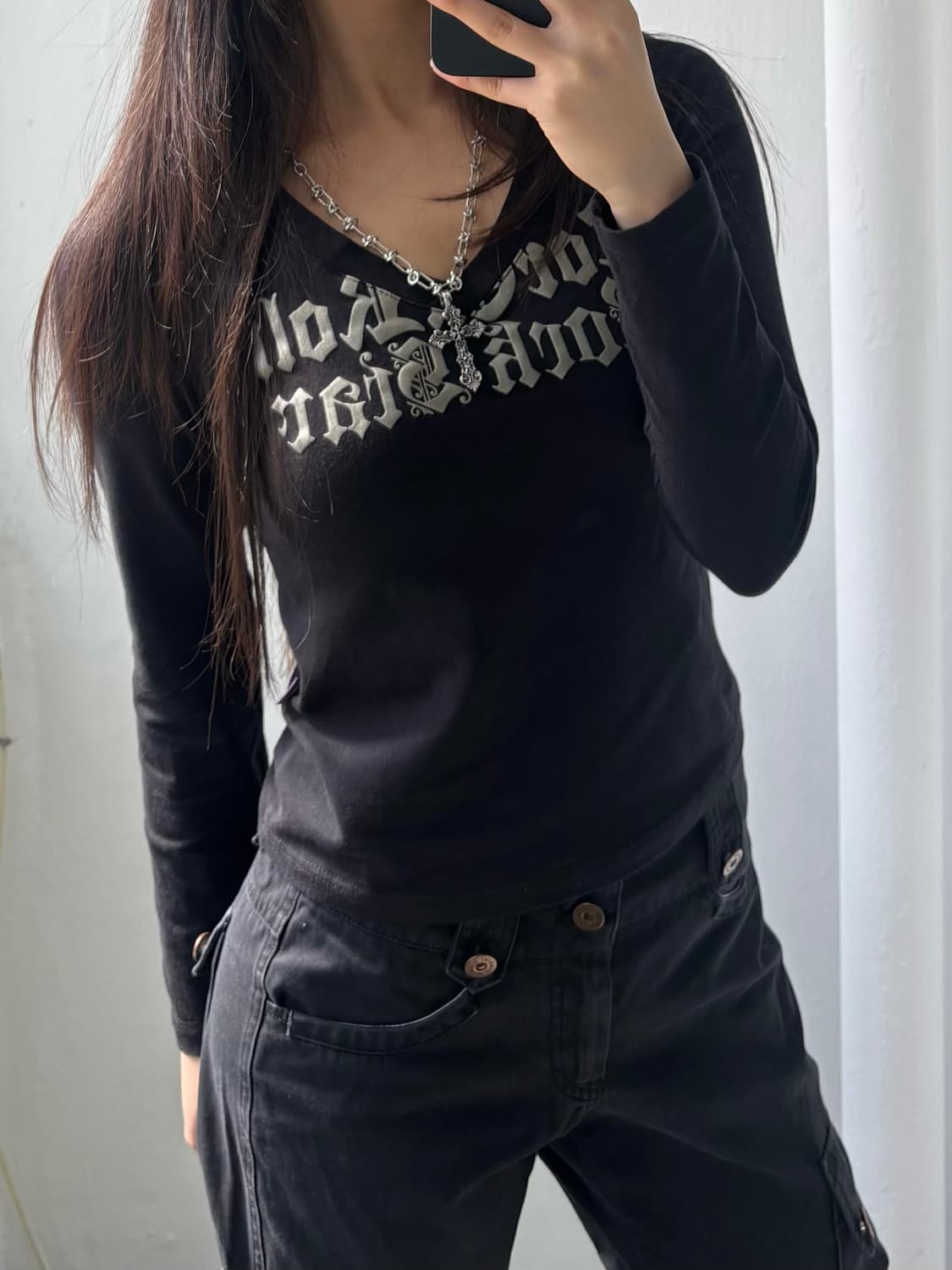Vintage Black V-neck Long Sleeve 상품이미지1