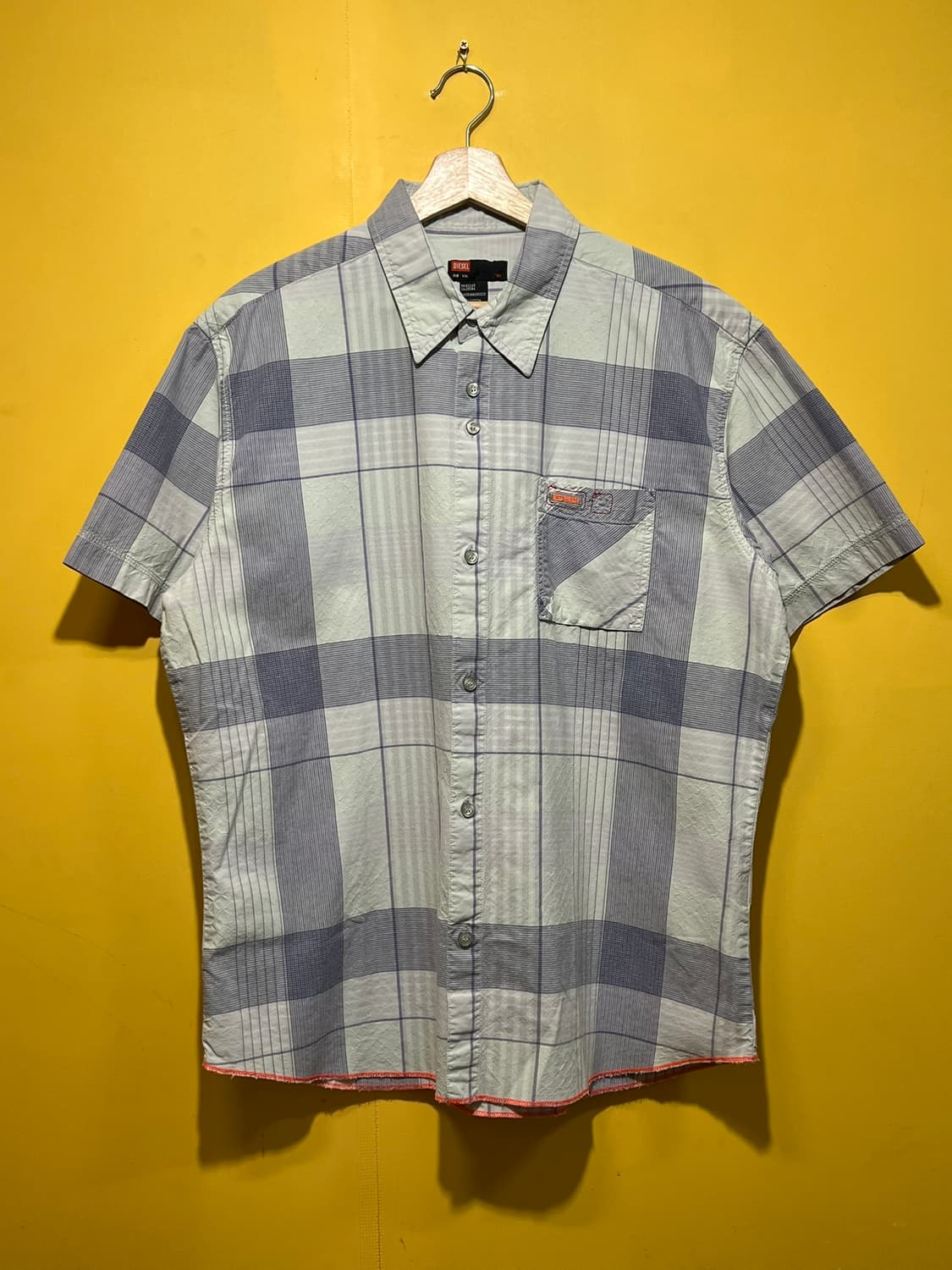 [2XL] 디젤 반팔 체크 셔츠 그레이 블루 파이핑 코튼 디테일 상품이미지1