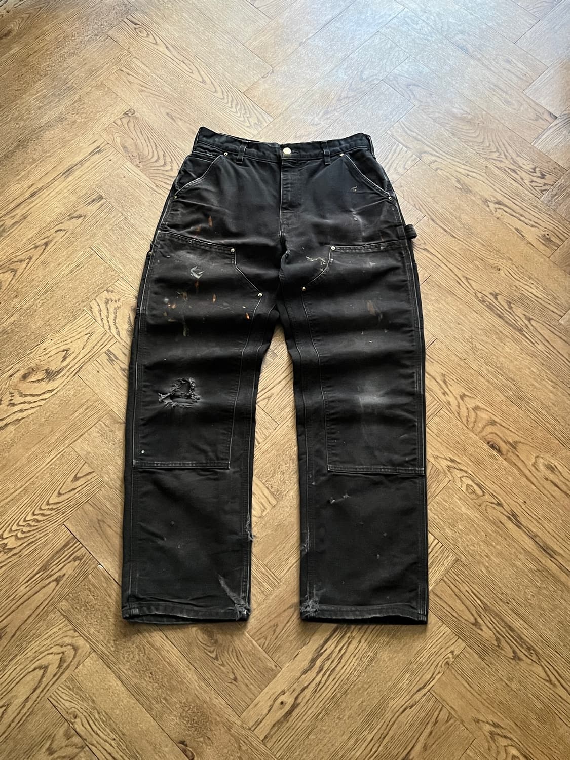 [32]칼하트 Made in USA 더티 데미지드 블랙 더블니 워크 팬츠 상품이미지1