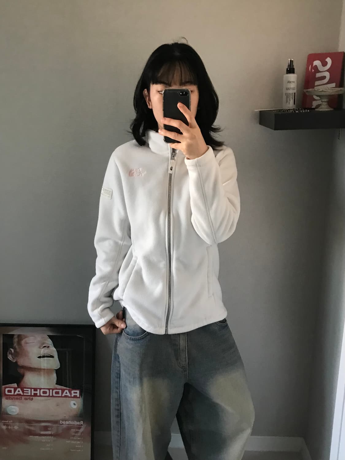 노스페이스 화이트라벨 핑크 로고 화이트 플리스 집업 상품이미지4