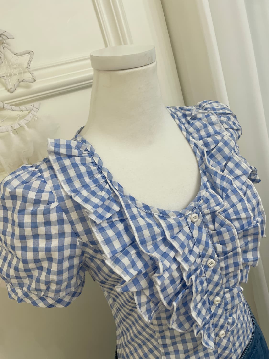 sky blue ginham check ruffle top denim s 상품이미지8
