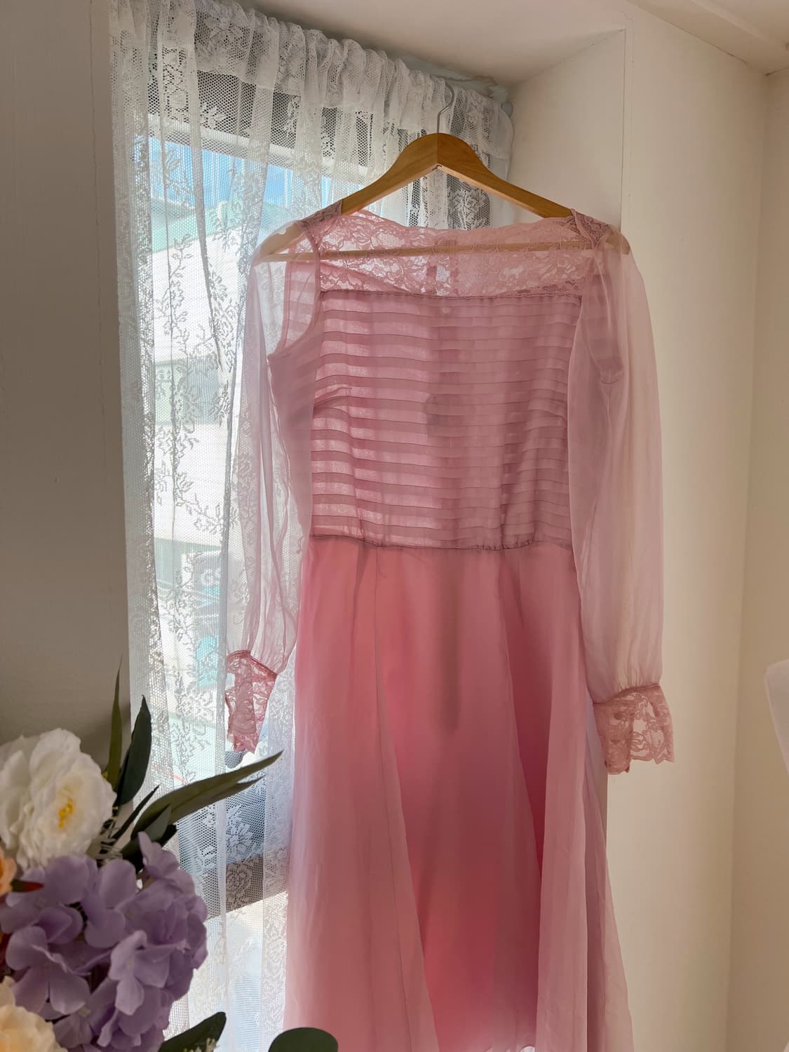 시스루 레이스 넥 쉬폰 플리츠 원피스 상품이미지3