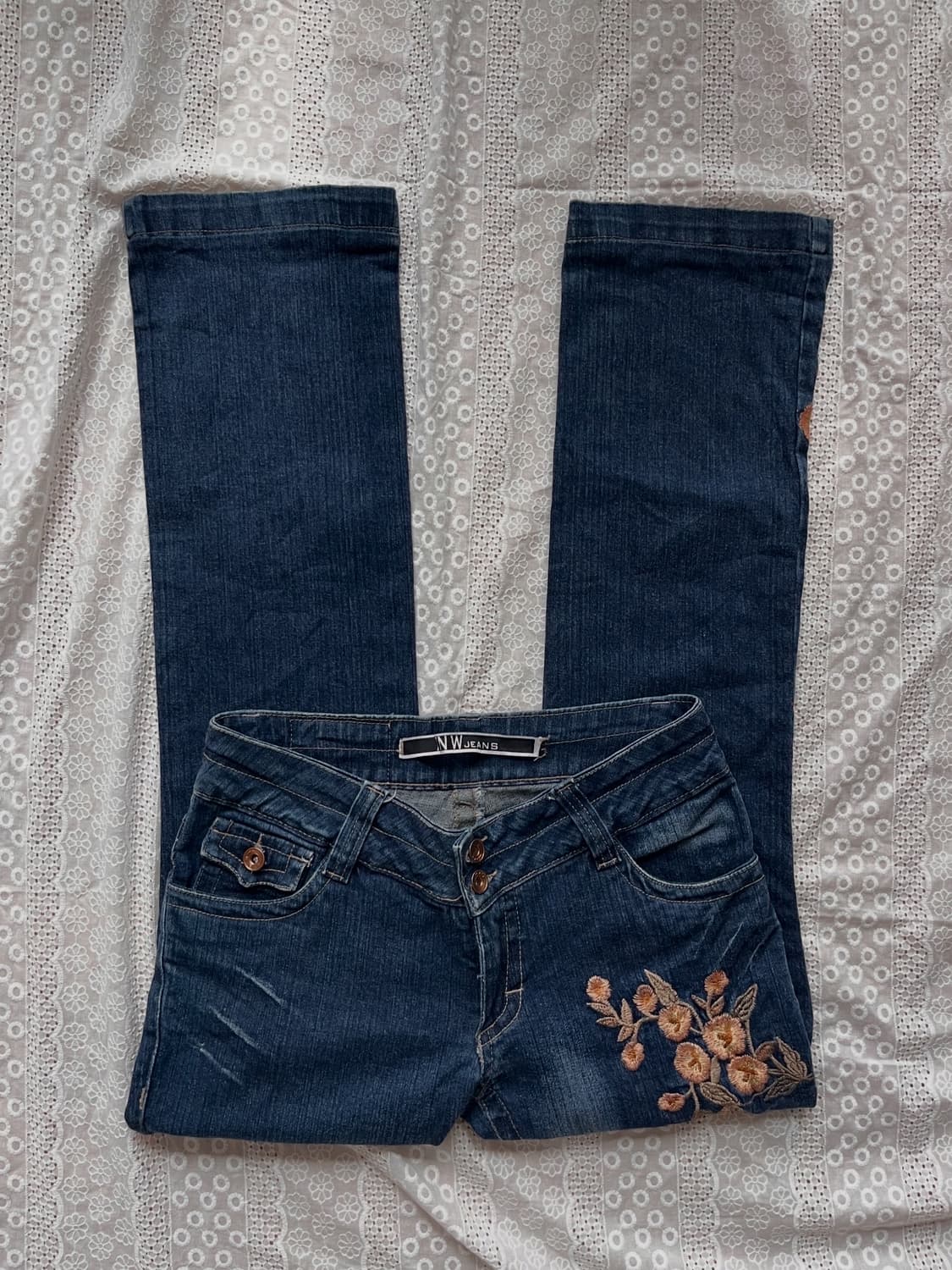 Flower denim semi bootcut pants 상품이미지1