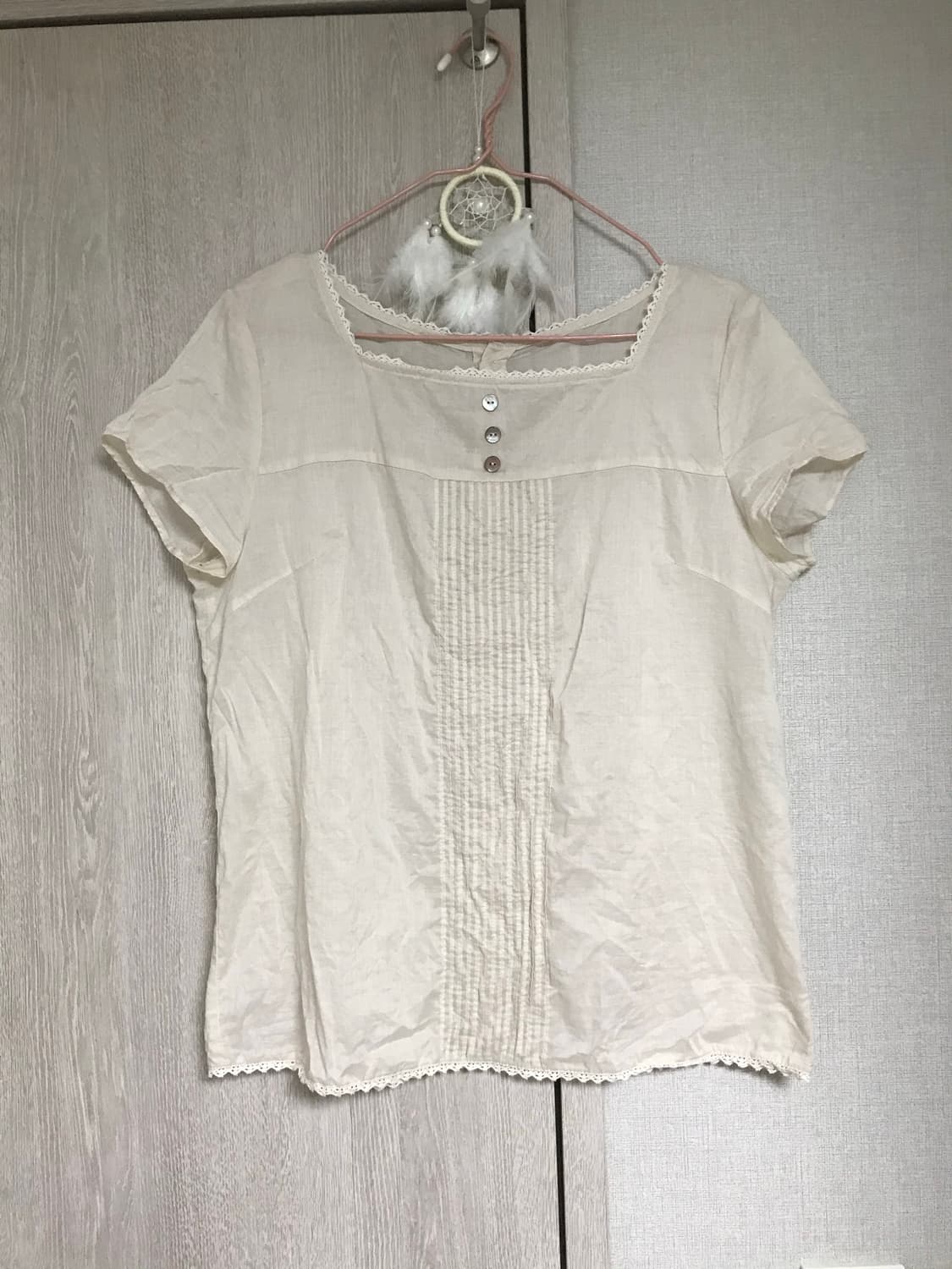 카메 빈티지 모리걸 살구 핀턱 크로셰 블라우스 상품이미지1