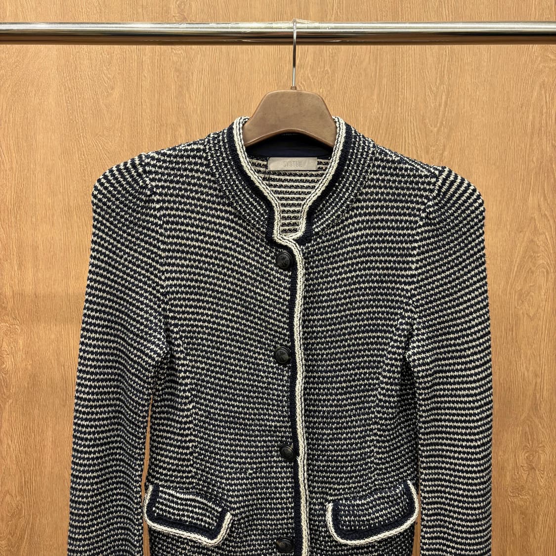 시스템 크롭 트위드 자켓 아이보리 배색 트리밍 요크 라인 디테일 네이비 상품이미지4