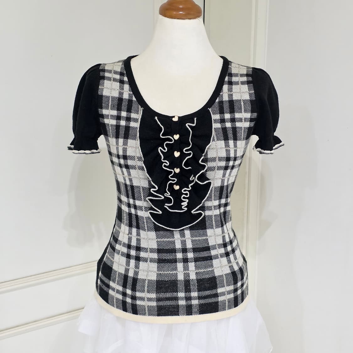일본빈티지)공겜여주 블랙체크 너드모리걸st 퍼프 러플 하트 니트블라우스 상품이미지2