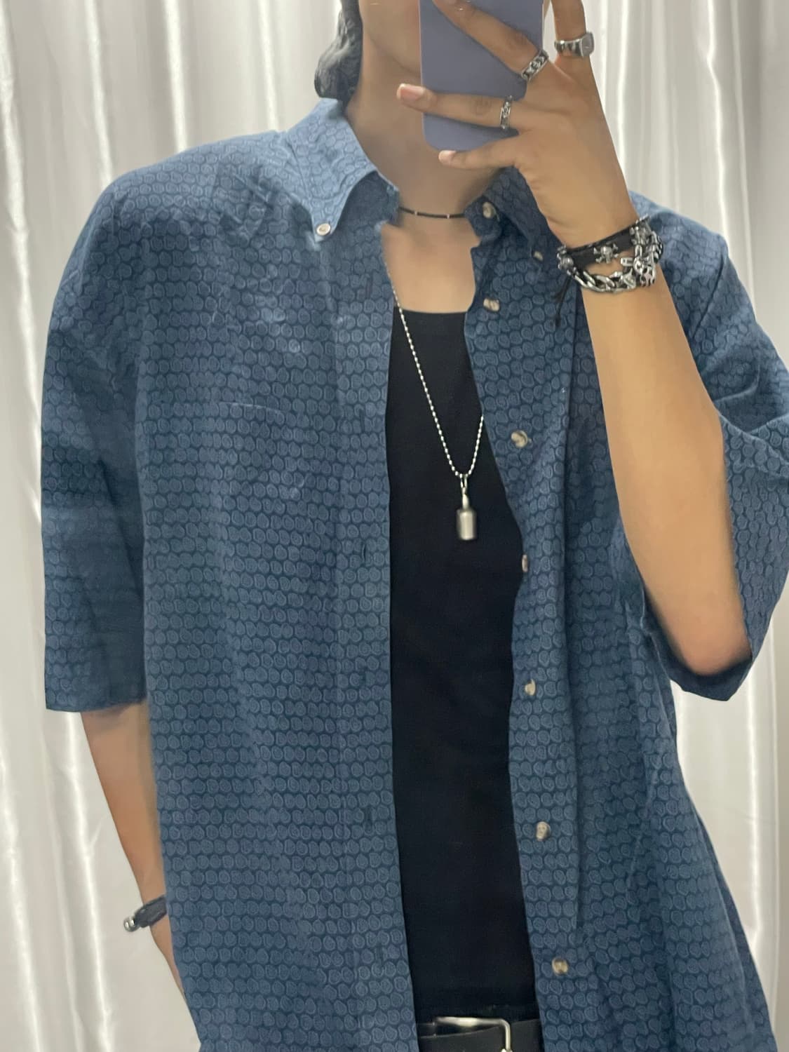 Japanese style blue short-sleeved shirt 상품이미지1
