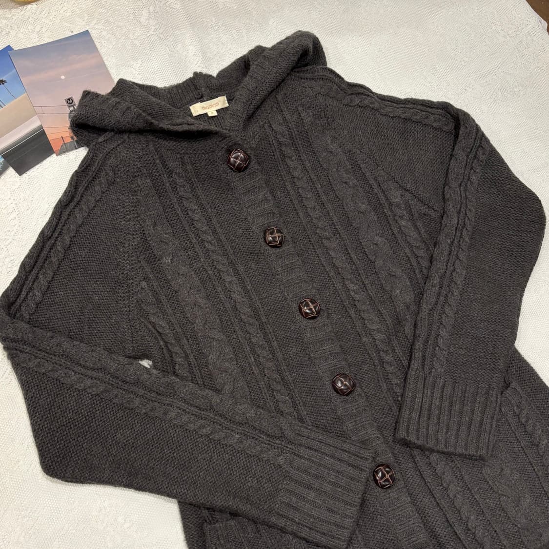일본 빈티지 모리 후드 케이블 차콜 빵단추 원피스 롱 가디건 상품이미지4