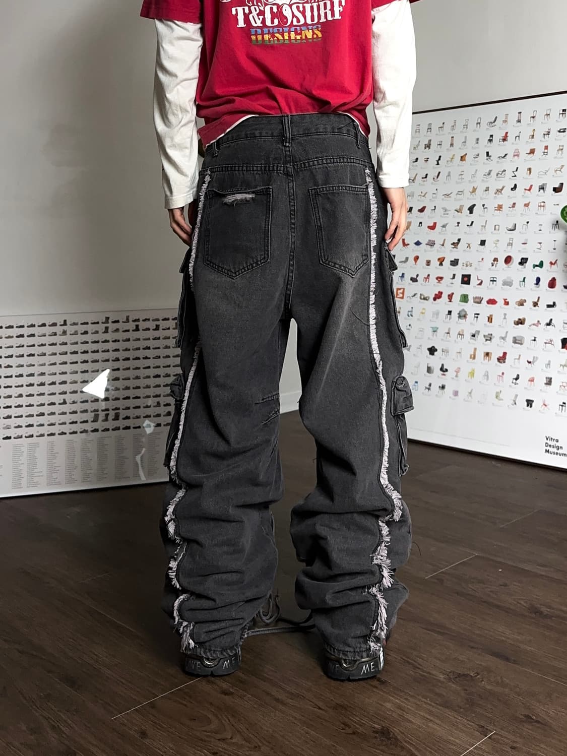 RVNTENG 디스트레스 & 리프드 데님 카고 팬츠 상품이미지6