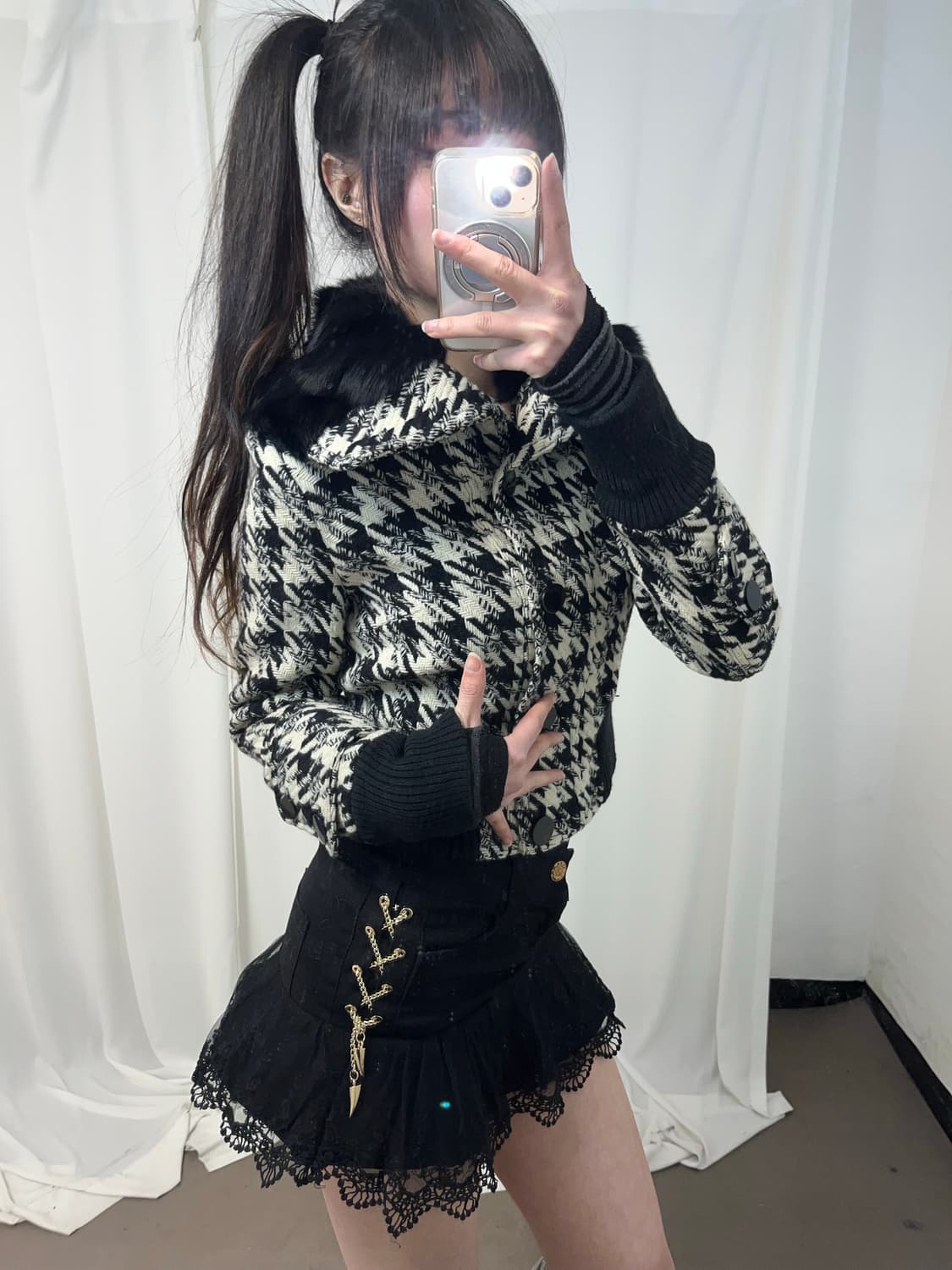 체크 카라 래빗퍼 숏코트 자켓 상품이미지1