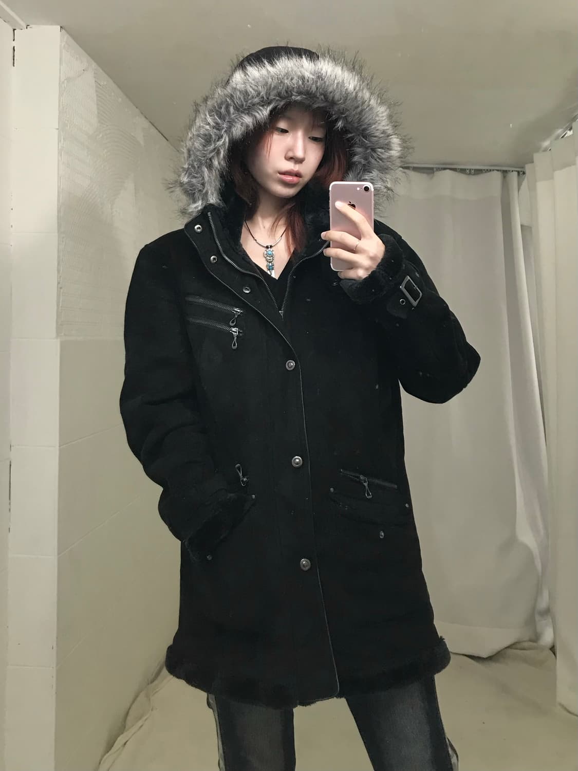 빈티지 블랙 앤 그레이 퍼 펑크 무스탕 상품이미지2