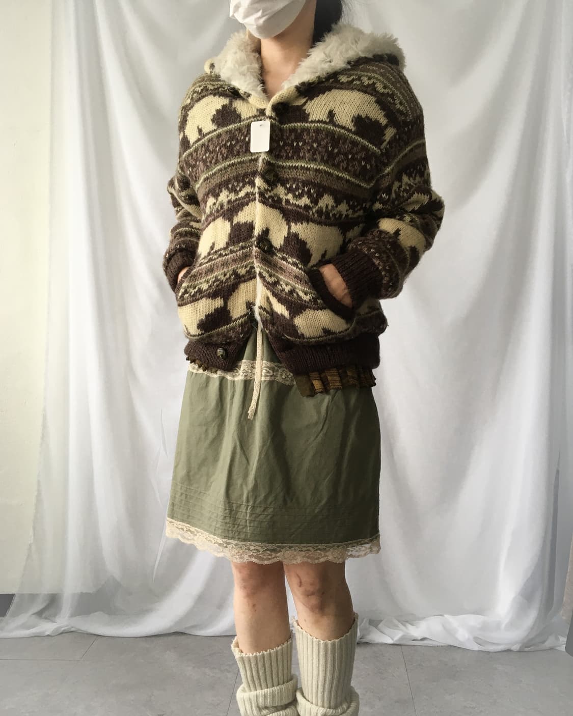 Bear pattern hood cowichan jacket 상품이미지6