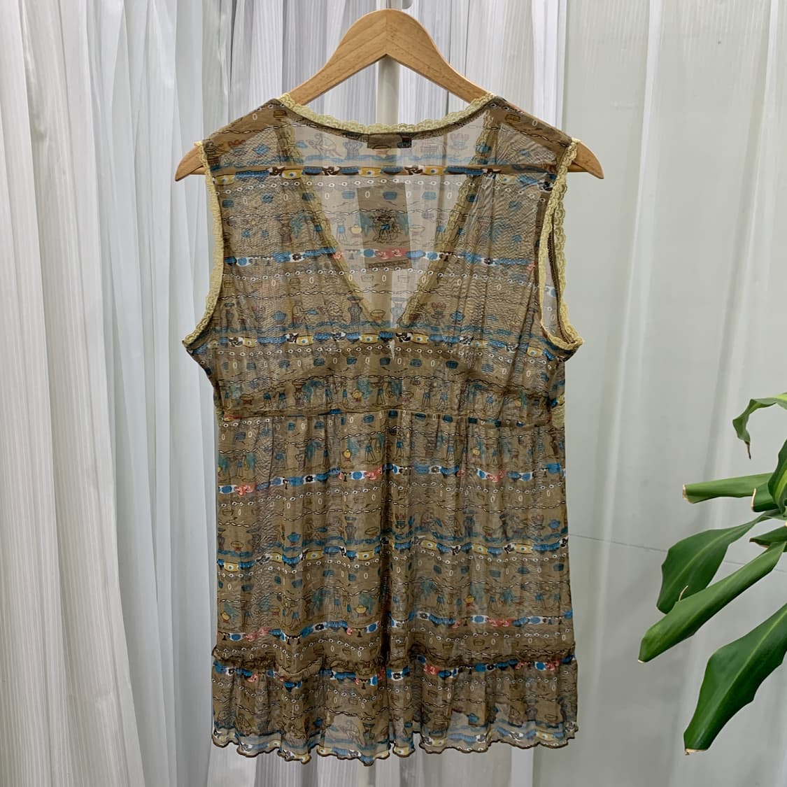 일본 빈티지 Cozy chic 에스닉 패턴 오픈 블라우스 나시 1550 상품이미지3