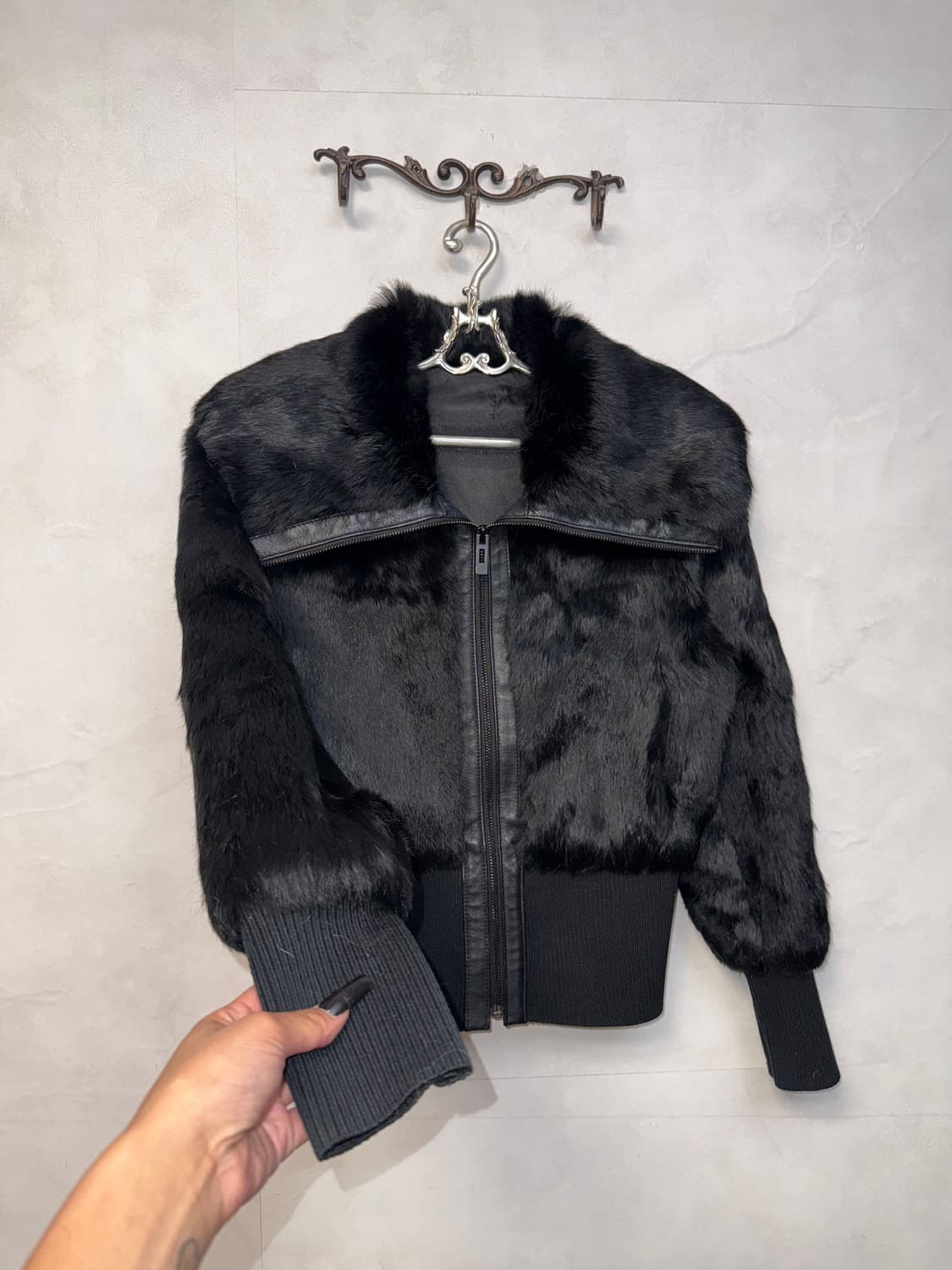 Black rabbit fur big collar zipup jacket 상품이미지2