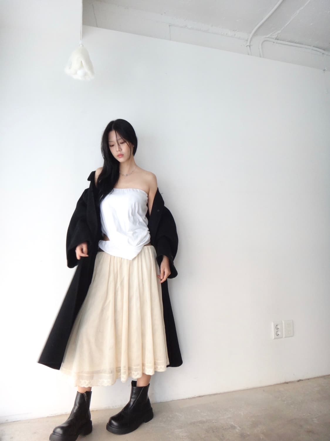 Flower detail banding sha skirt / ivory 상품이미지1