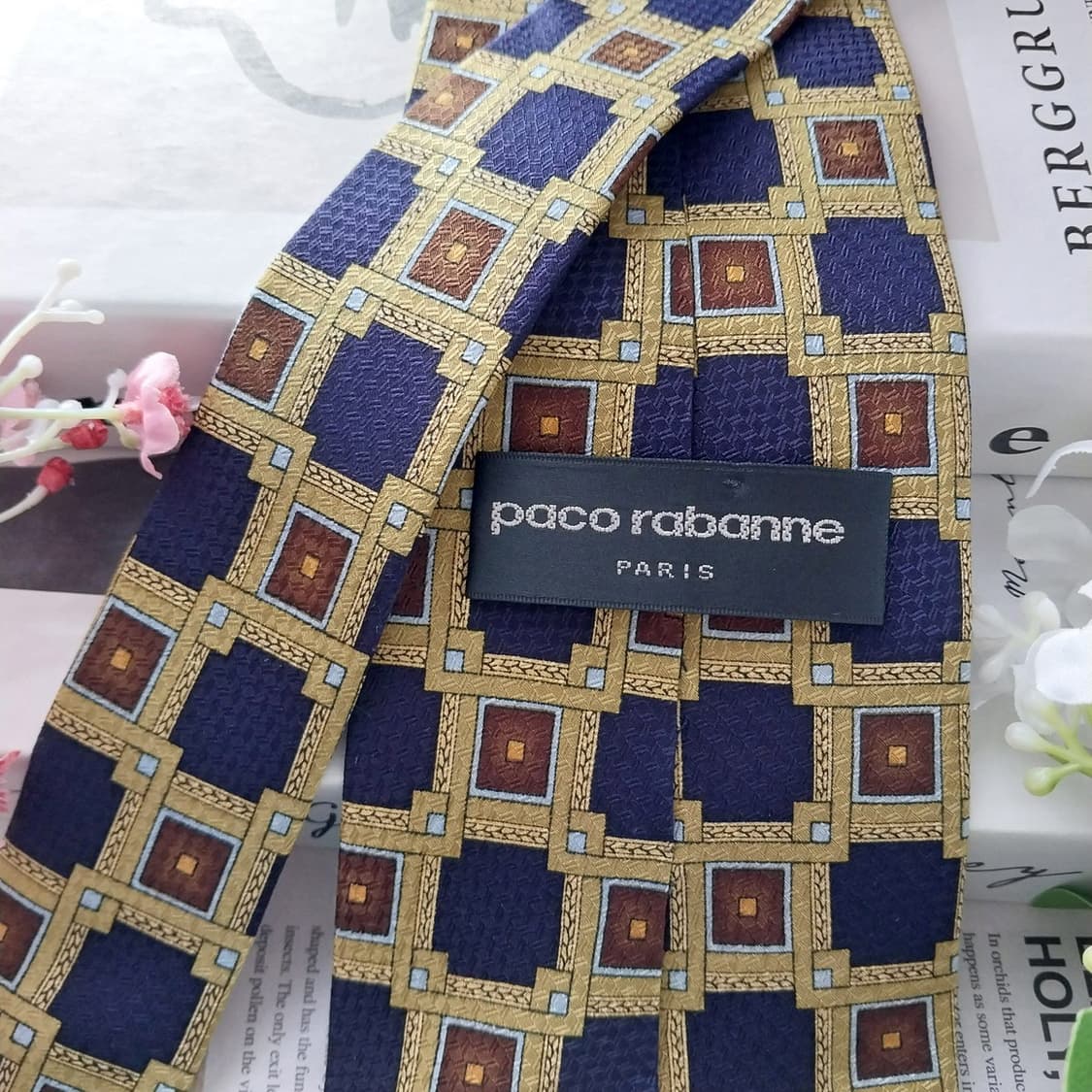 파코라반 실크 네이비&라임 기하패턴 넥타이 9.5cm A+등급 K1509 상품이미지6