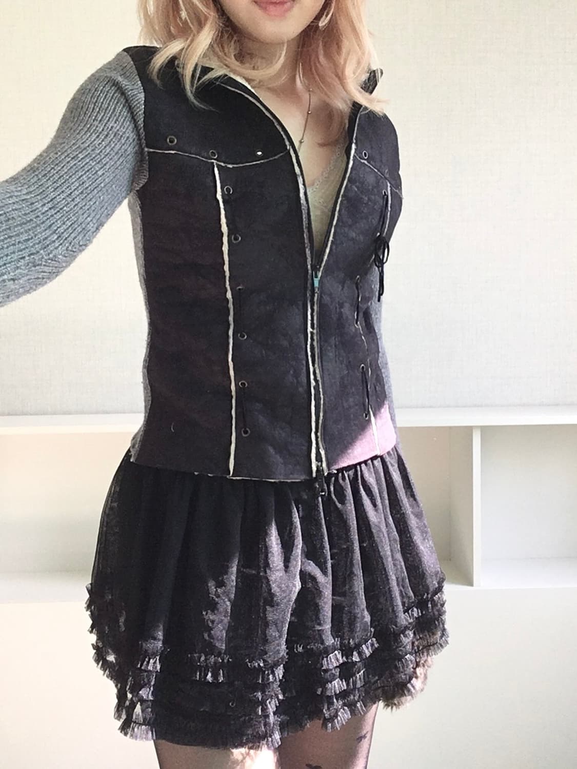 일본빈티지 아일렛 니트 무스탕 집업 상품이미지3