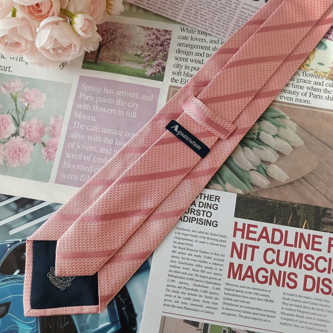 아쿠아스큐텀 실크 핑크 스트라이프 넥타이 8.7cm A+등급 A19007 상품이미지4