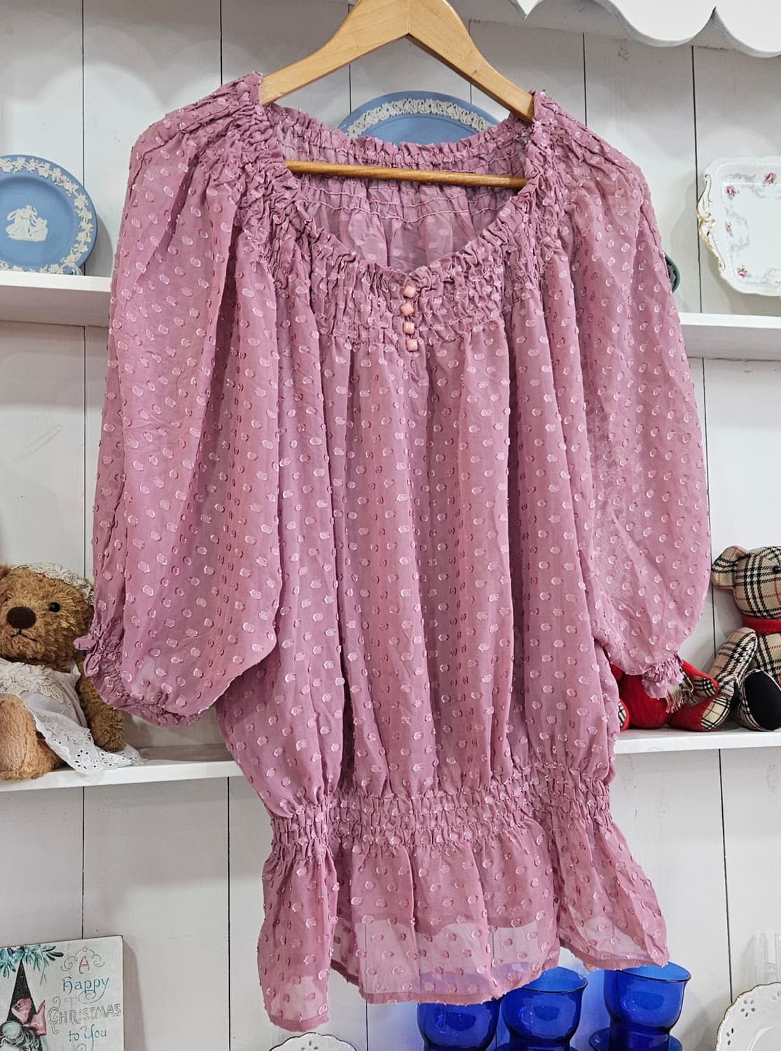 도트 쉬폰 스모크 롱핏 블라우스 상품이미지2