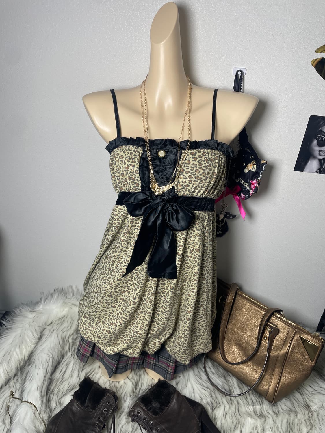 빈티지 갸루 래빗퍼케이프 호피 원피스 세트 상품이미지3